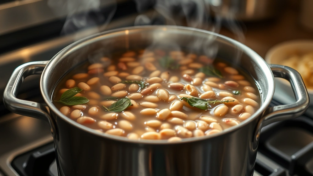 Bubbling pot of great northern beans cooking on stovetop with visible broth, bay leaves, and herbs, steam rising, warm kitchen lighting