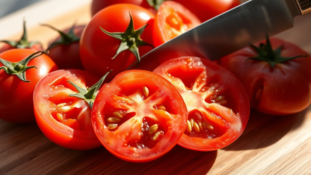 Close-up of ripe vine-ripened tomatoes being quartered with a sharp knife on a wooden cutting board, showing fresh seeds and juice, Mediterranean sunlight highlighting the deep red color and natural imperfections