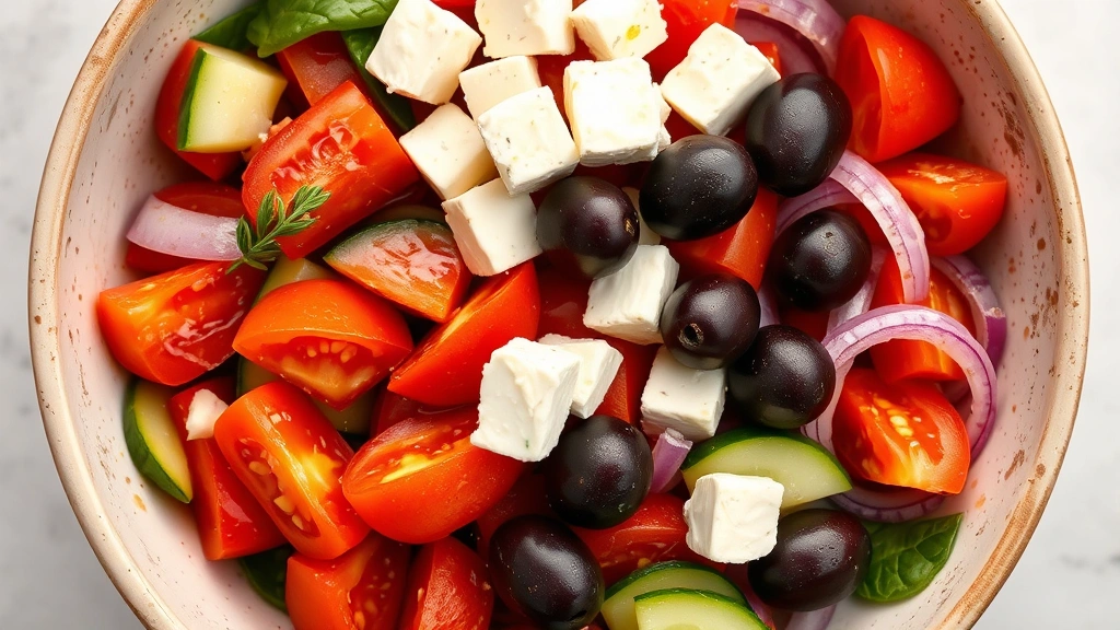 Overhead view of a large ceramic bowl containing mixed fresh tomato quarters, crisp cucumber slices, thinly sliced red onions, and deep purple kalamata olives, with cubed white feta cheese placed on top, golden olive oil glistening on vegetables