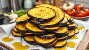 Golden-brown eggplant slices stacked on white paper towels, glistening with olive oil, Mediterranean kitchen setting with fresh garlic and tomatoes nearby