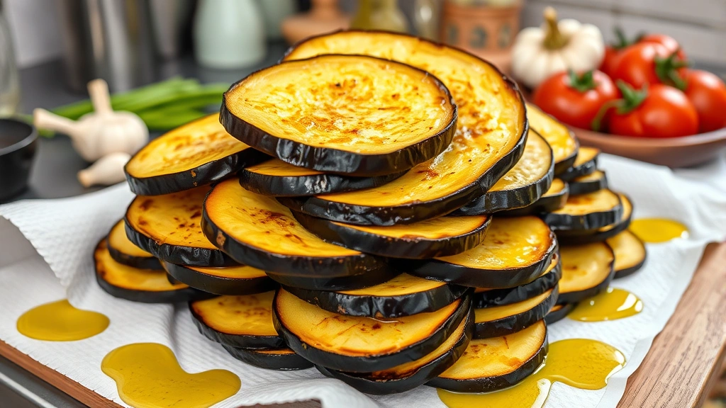 Golden-brown eggplant slices stacked on white paper towels, glistening with olive oil, Mediterranean kitchen setting with fresh garlic and tomatoes nearby