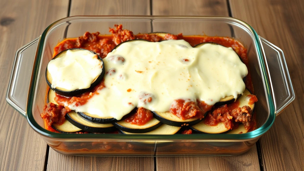Layered moussaka in a glass baking dish showing distinct eggplant, meat sauce, and creamy béchamel layers before baking, rustic wooden table background