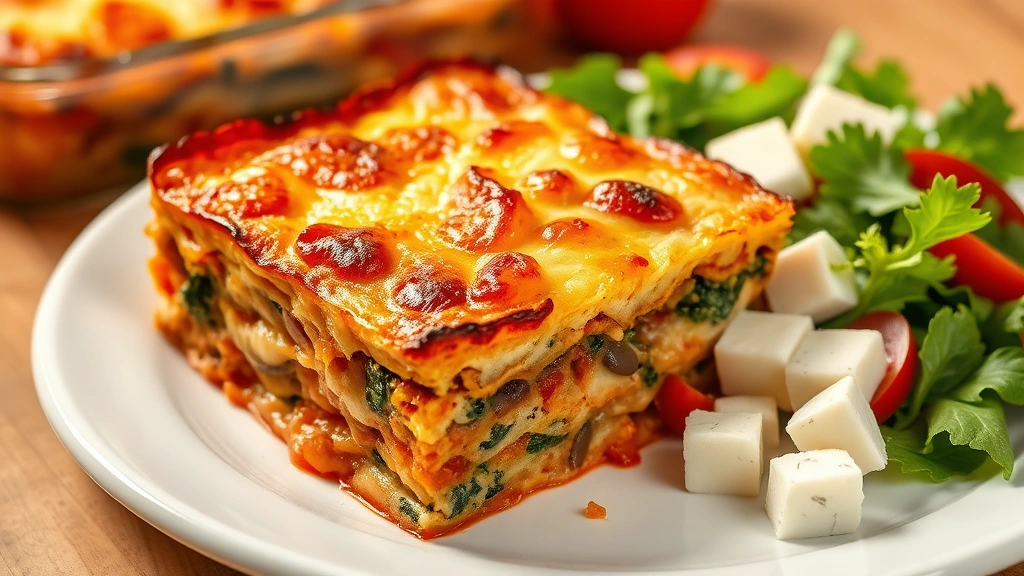 Perfectly baked moussaka with golden-brown crispy top, steam rising, freshly cut square portion on white plate with Greek salad and feta cheese beside it