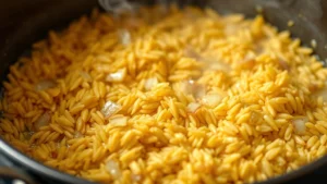 Close-up of golden toasted rice grains in melted butter with diced onions in a heavy-bottomed pot, steam rising, warm Mediterranean kitchen lighting, shallow depth of field focusing on the nutty-colored rice