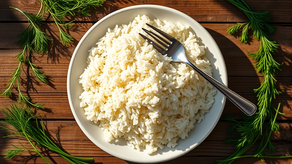 Overhead flat-lay of fluffy Greek rice on a white ceramic plate with a fork, surrounded by fresh herbs like dill and parsley, warm sunlight creating shadows, rustic wooden table background
