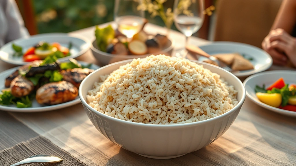Side view of a traditional Greek family dinner table with a large white bowl of steaming Greek rice as the centerpiece, complemented by grilled chicken, fresh salad, and Mediterranean vegetables, warm evening light