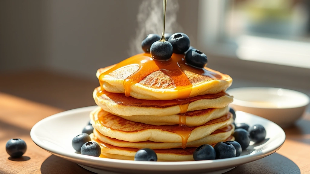 Fluffy golden Greek yogurt pancakes stacked on white plate with fresh blueberries and honey drizzle, steam rising, morning sunlight