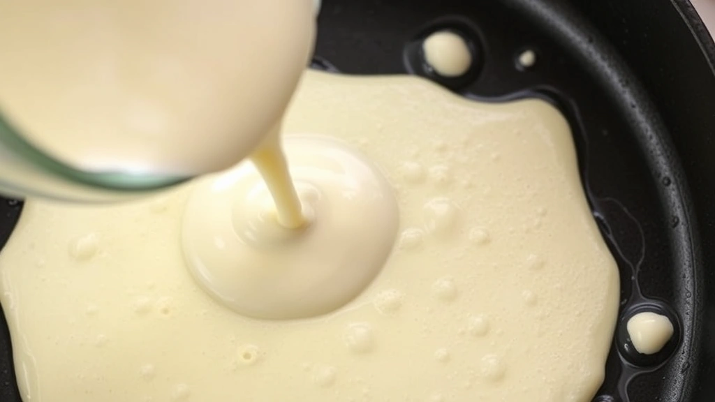Close-up overhead view of Greek yogurt pancake batter being poured onto hot cast-iron griddle with butter, bubbles forming on surface