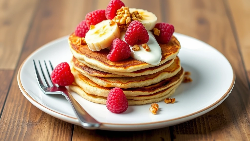 Finished stack of Greek yogurt pancakes topped with raspberries, sliced banana, toasted walnuts, and Greek yogurt dollop, fork beside plate