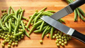 Fresh bright green beans being trimmed with a sharp knife on a wooden cutting board, scattered whole beans around, natural daylight