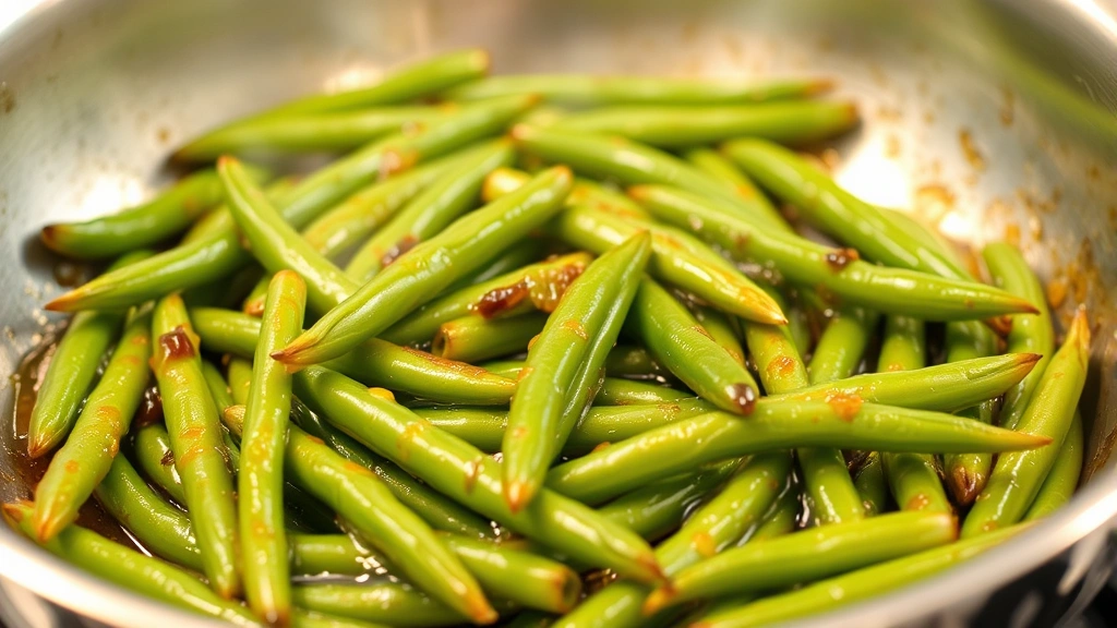 Sizzling green beans in a hot stainless steel skillet with visible brown spots and caramelization, steam rising, golden oil coating, professional kitchen setting