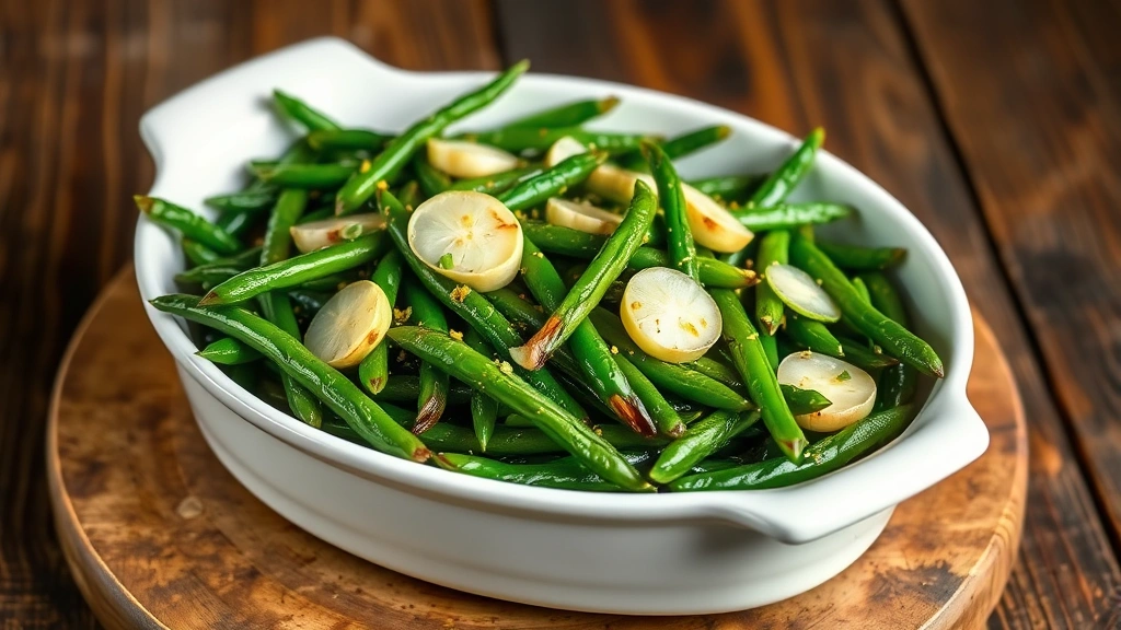 Finished sautéed green beans in white ceramic serving dish garnished with fresh garlic slices and lemon zest, rustic wooden table background, warm lighting