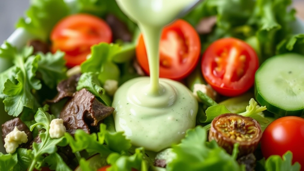 Creamy pale green goddess dressing being drizzled over fresh garden salad with mixed greens, cherry tomatoes and cucumbers, shallow depth of field highlighting dressing