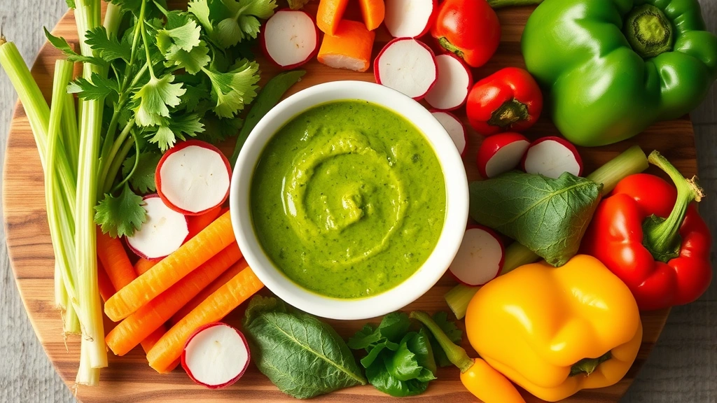 Overhead flat lay of small white bowl filled with bright green goddess dressing, surrounded by fresh vegetable crudités including carrots, celery, radishes and bell peppers on wooden board
