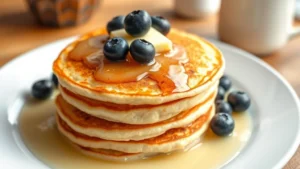 Fluffy golden buttermilk pancakes stacked on a white plate with melting butter and fresh blueberries on top, steam rising, photographed from above with natural morning light