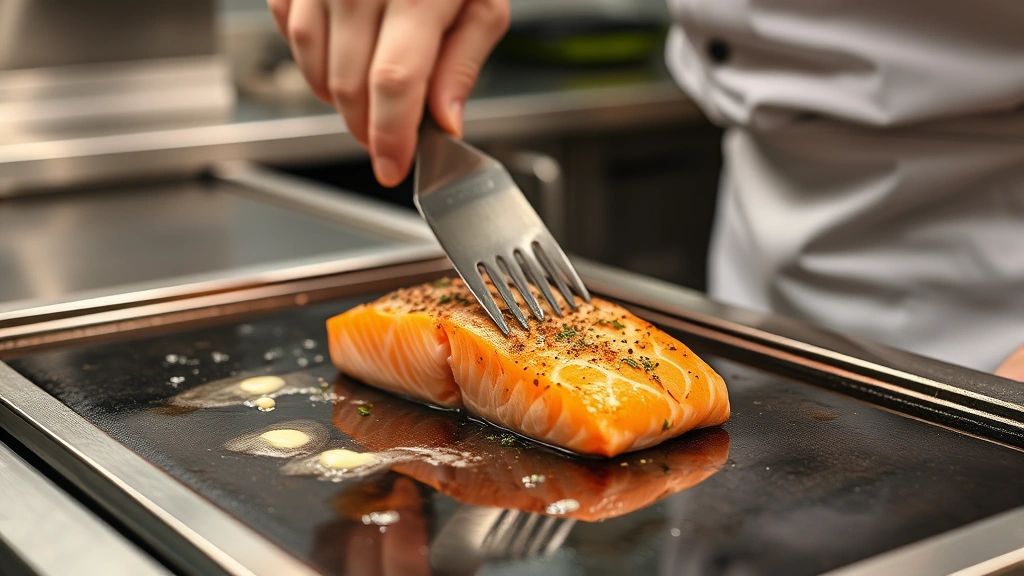 Chef flipping seasoned salmon fillet on a hot griddle with visible char marks, butter and herbs sizzling, professional kitchen setting with stainless steel surfaces