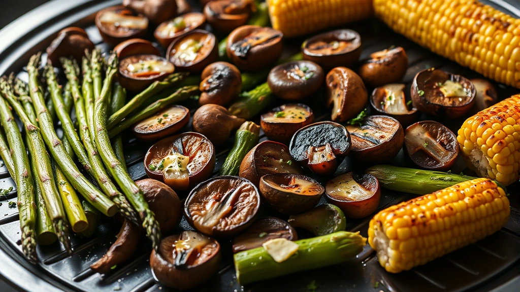 Assorted grilled vegetables including asparagus, mushrooms, and corn with char marks arranged on a large griddle, glistening with herb butter, studio lighting
