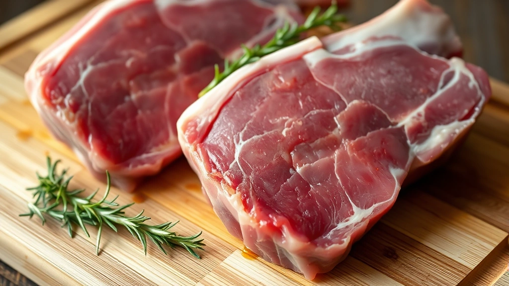Close-up of thick-cut rib pork chops on a wooden cutting board with fresh rosemary and thyme sprigs beside them, natural kitchen lighting, raw meat showing good marbling and color