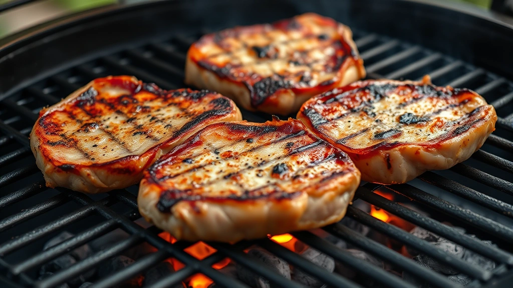Sizzling pork chops on a hot grill grates with golden-brown crust forming, visible flame below, steam rising, professional BBQ setup with charcoal