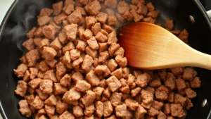Overhead shot of ground beef browning in a large skillet with wooden spoon breaking it apart, golden-brown pieces visible, steam rising from the pan