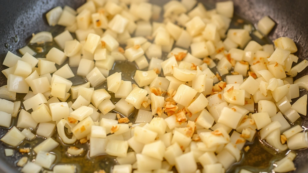 Close-up of sautéing diced onions and minced garlic in a pan with oil, onions translucent and golden, aromatic steam visible
