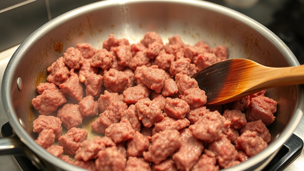 Perfectly cooked ground beef browning in a large stainless steel skillet with visible Maillard reaction crust, steam rising, wooden spoon breaking up meat, professional kitchen lighting