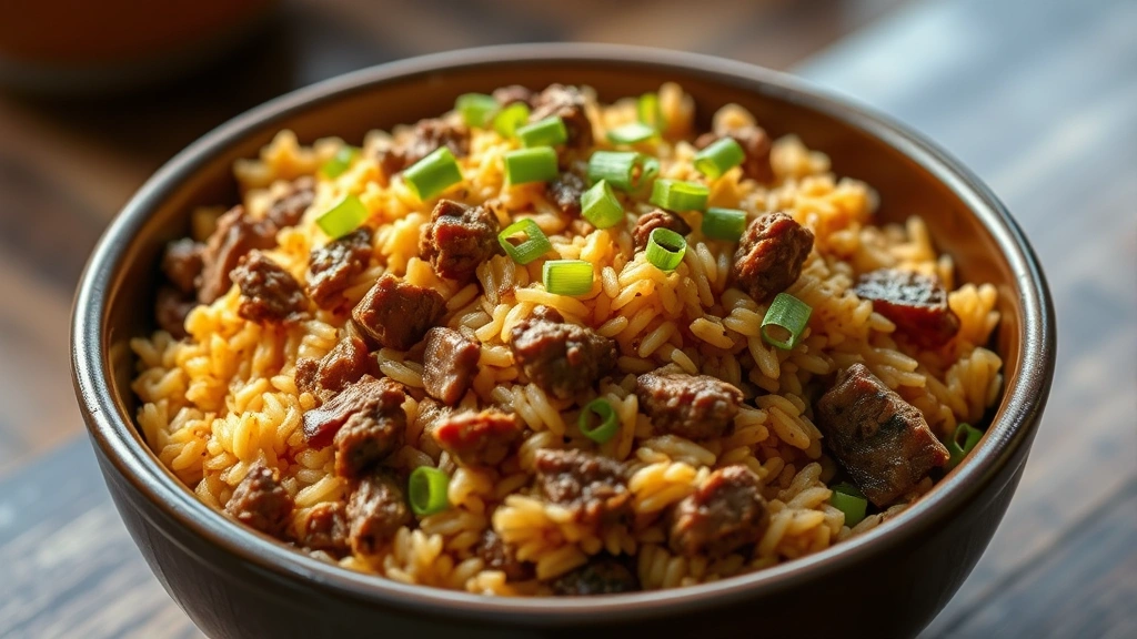 Golden-brown cooked ground beef rice dish in a ceramic bowl with visible beef pieces, fluffy rice grains, fresh green onions sprinkled on top, warm steam visible, soft natural lighting