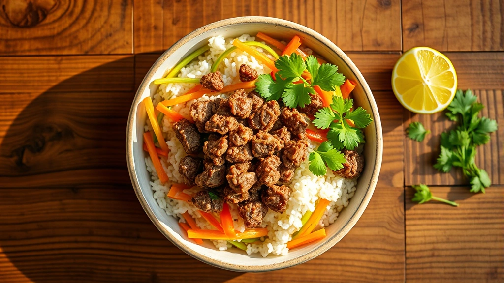 Overhead flat lay of ground beef rice bowl with colorful vegetables, fresh cilantro garnish, lime wedge on the side, wooden table surface, rustic plating style, warm afternoon lighting