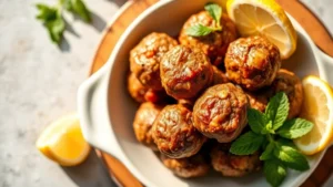 Overhead shot of golden-brown lamb meatballs in a white ceramic bowl with fresh mint leaves and lemon wedges on the side, warm natural lighting, Mediterranean style plating
