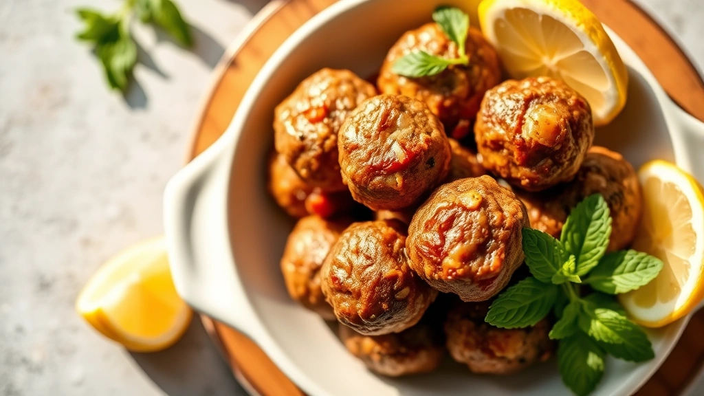 Overhead shot of golden-brown lamb meatballs in a white ceramic bowl with fresh mint leaves and lemon wedges on the side, warm natural lighting, Mediterranean style plating