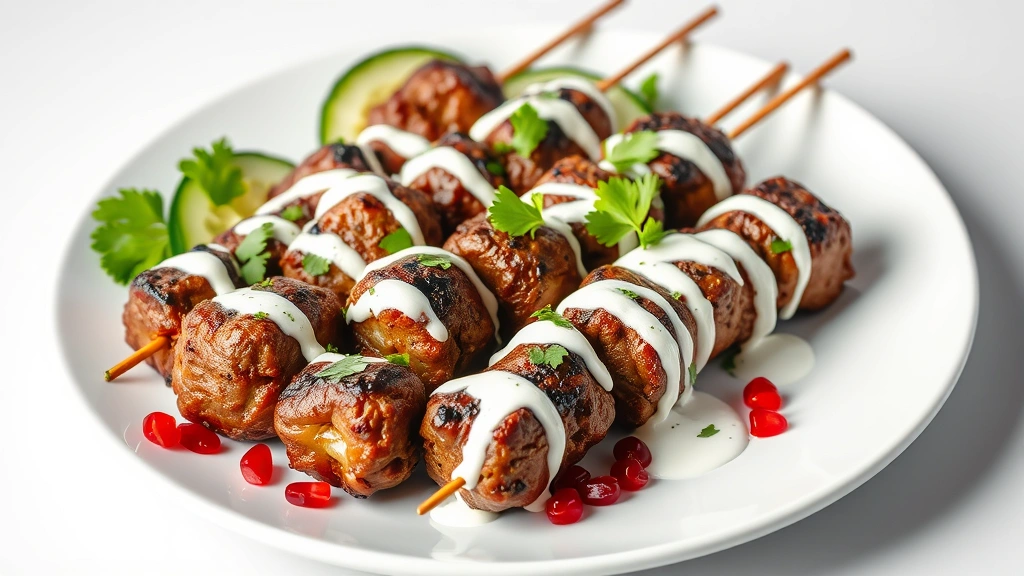 Grilled lamb kofta skewers on a white plate with creamy yogurt sauce drizzled artfully, cucumber slices, fresh cilantro, and pomegranate seeds, studio lighting, vibrant food photography
