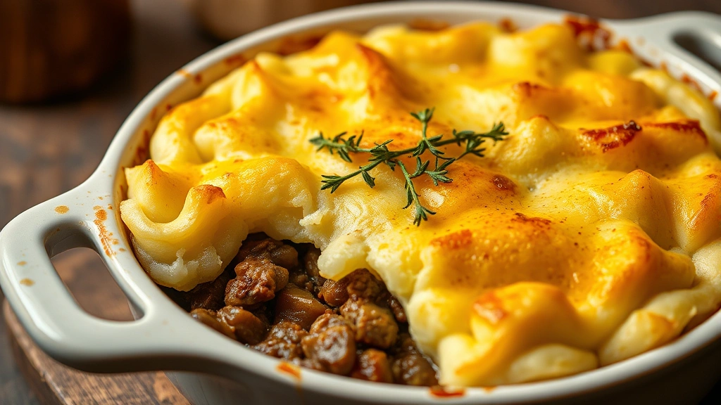 Rustic shepherd's pie in a ceramic baking dish with golden-brown mashed potato topping showing peaks and crispy edges, fresh thyme garnish, warm ambient kitchen lighting, comfort food presentation