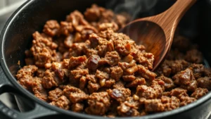Close-up of ground venison browning in cast iron pot with wooden spoon, showing deep golden-brown color and meat breaking apart, steam rising, professional kitchen lighting
