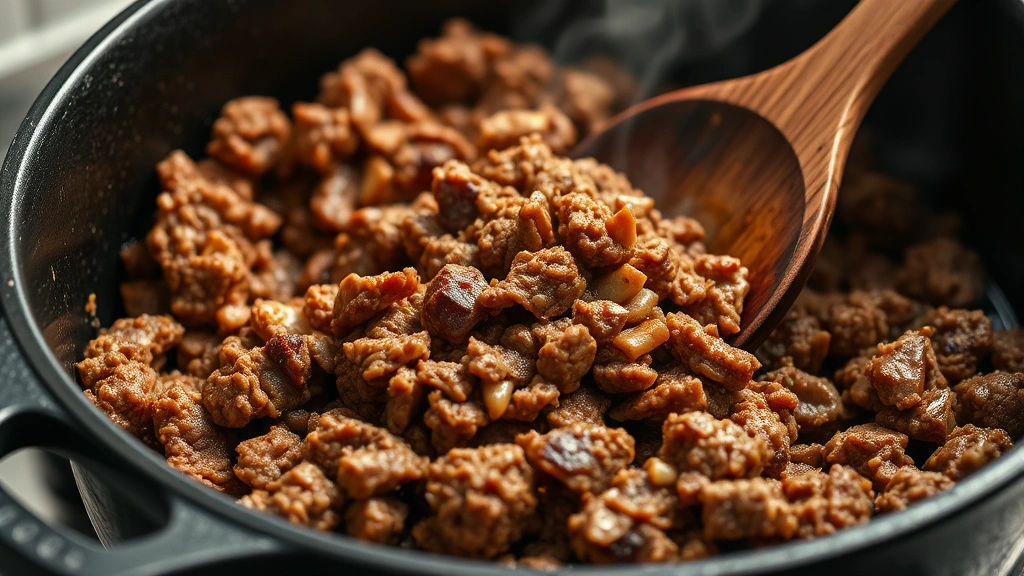 Close-up of ground venison browning in cast iron pot with wooden spoon, showing deep golden-brown color and meat breaking apart, steam rising, professional kitchen lighting