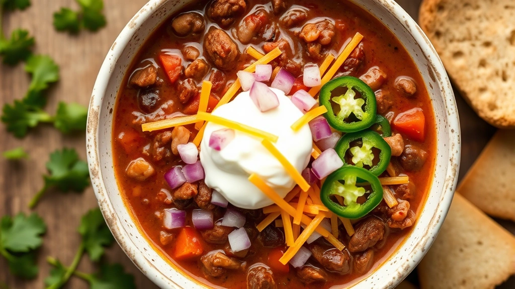 Overhead shot of finished venison chili in rustic white bowl topped with shredded cheddar cheese, sour cream dollop, diced red onions, and fresh jalapeño slices, garnished with cilantro
