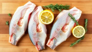 Fresh raw grouper fillets on a wooden cutting board with lemon wedges, fresh thyme, and rosemary sprigs, natural daylight, professional food photography