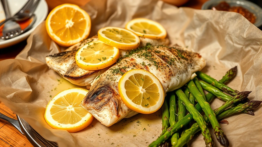 Baked grouper fillets on parchment paper with lemon slices, roasted asparagus, and herb garnish, rustic plating, warm restaurant-style lighting