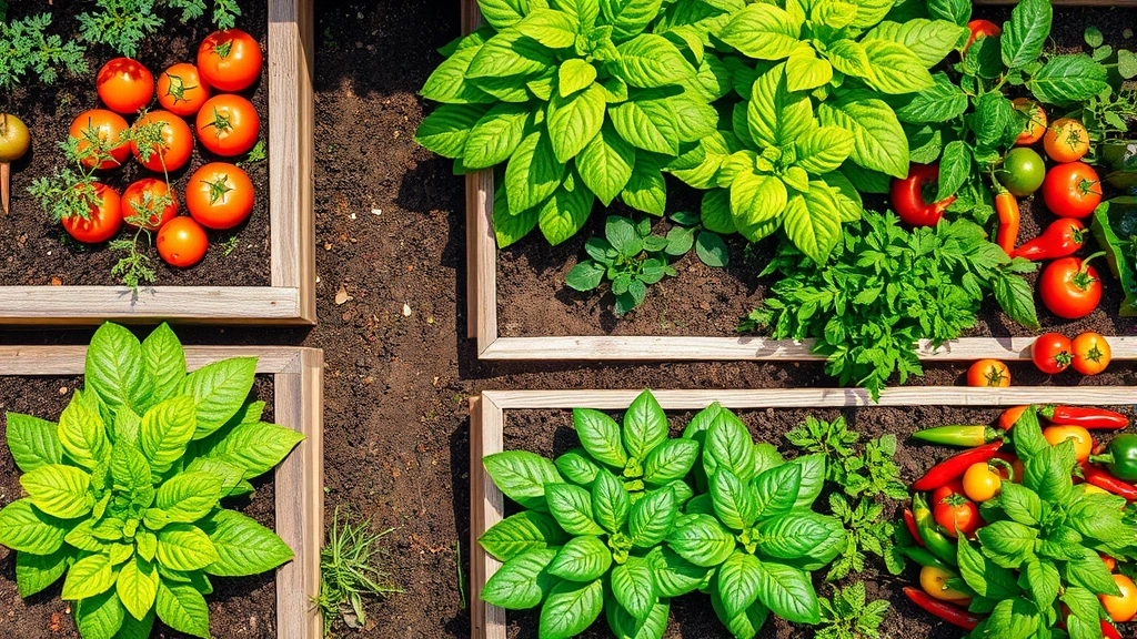 Overhead view of a well-organized vegetable garden with raised beds containing tomatoes, lettuce, peppers, and herbs in full sunlight, showing rich dark soil and green foliage