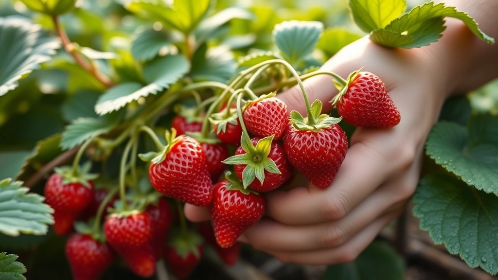 Close-up of hands harvesting ripe red strawberries from green plants in a home garden, showing perfect berries ready to pick with morning dew