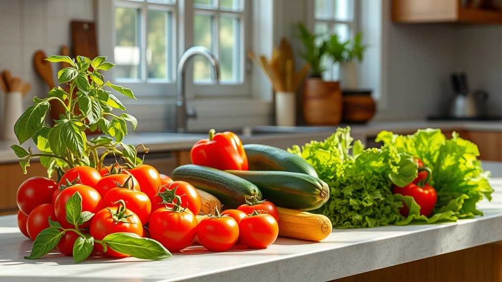 Bright kitchen counter displaying freshly harvested vegetables including tomatoes, basil, zucchini, bell peppers, and lettuce arranged artfully with natural sunlight streaming in