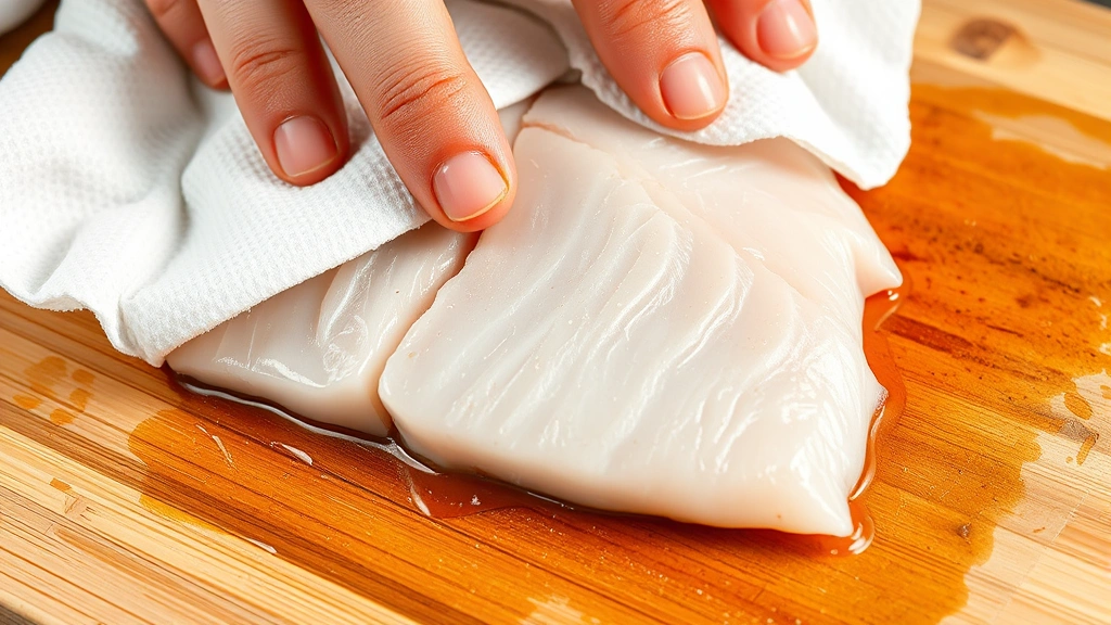 Close-up of raw haddock fillet being patted dry with white paper towels on a wooden cutting board, glistening wet flesh visible