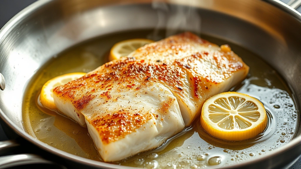 Golden-brown pan-seared haddock fillet in a stainless steel skillet with bubbling melted butter and fresh lemon slices, steam rising