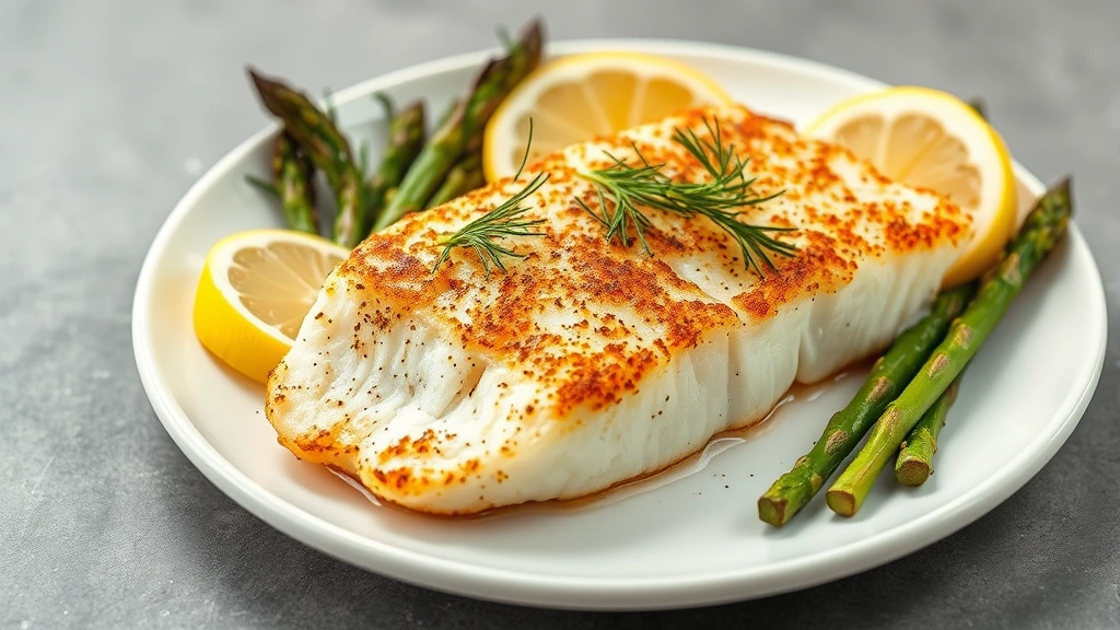 Plated pan-seared haddock with crispy golden crust on white ceramic plate, garnished with fresh dill sprigs and lemon wedges, roasted asparagus alongside