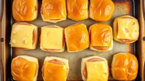 Overhead flat lay of assembled uncooked ham and cheese sliders on a baking sheet, showing melted cheese on top and butter coating on buns, warm golden lighting