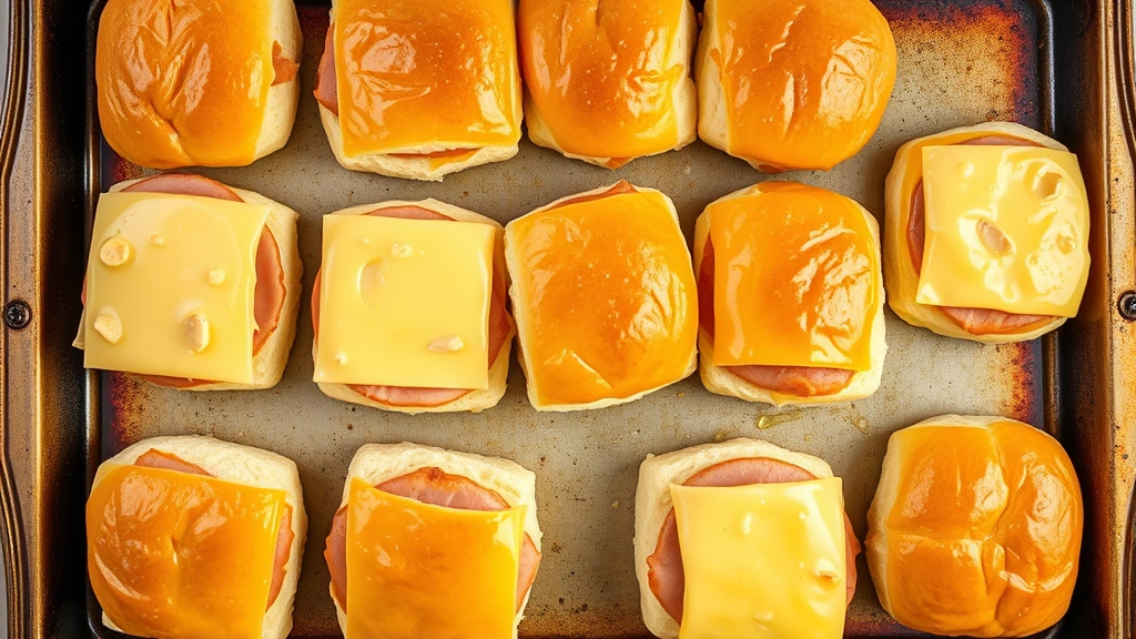 Overhead flat lay of assembled uncooked ham and cheese sliders on a baking sheet, showing melted cheese on top and butter coating on buns, warm golden lighting