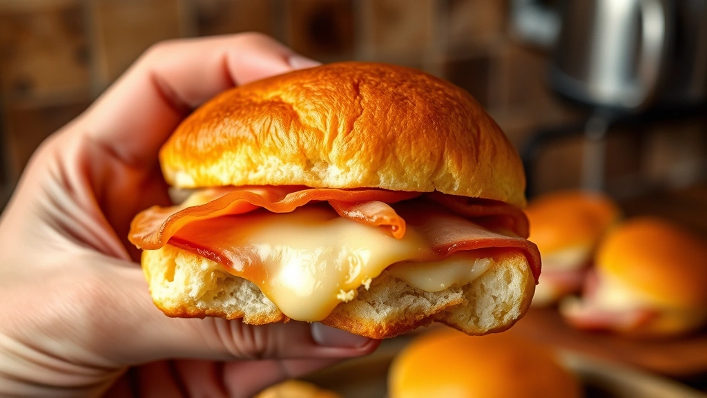 Close-up side profile of a freshly baked golden-brown ham and cheese slider being held in hand, melted cheese visible, steam rising, rustic kitchen background