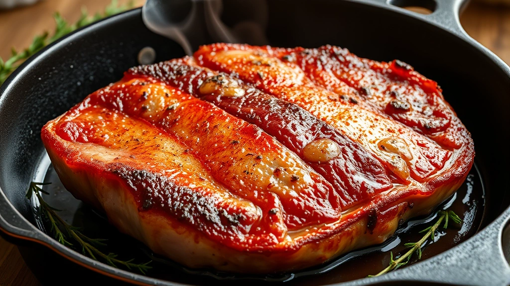 Golden-brown pan-seared ham steak with caramelized crust in cast-iron skillet, fresh thyme sprigs scattered nearby, steam rising from meat surface