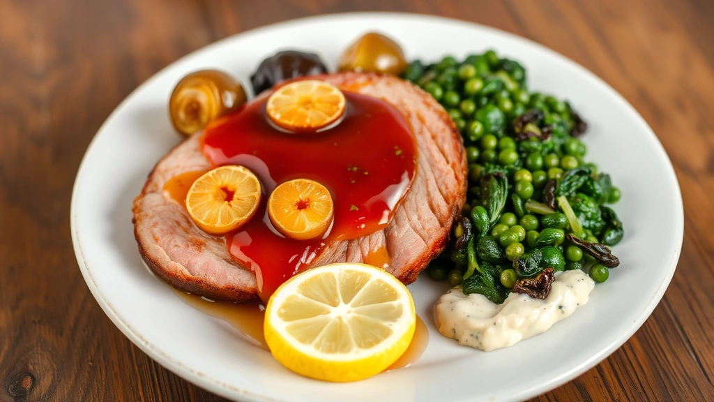Plated ham steak with glossy pineapple glaze, roasted Brussels sprouts, creamed spinach, and fresh lemon wedge on white ceramic plate