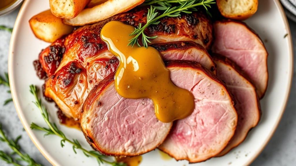 Overhead shot of sliced ham steak showing pink interior, topped with maple-mustard sauce drizzle, surrounded by herb garnish and dinner presentation elements