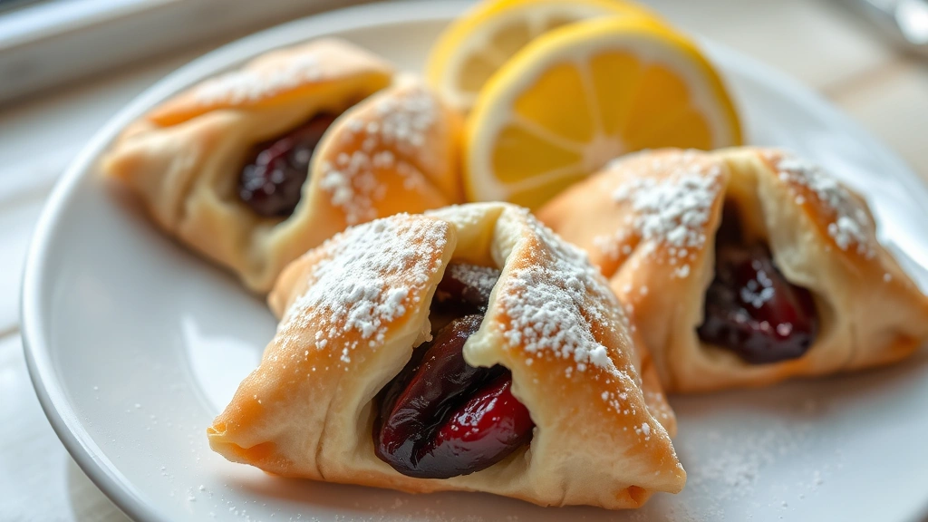 Close-up of three golden-brown hamantaschen pastries with visible prune filling showing through the center opening, dusted with powdered sugar, on a white ceramic plate with fresh lemon wedges beside them, natural window lighting